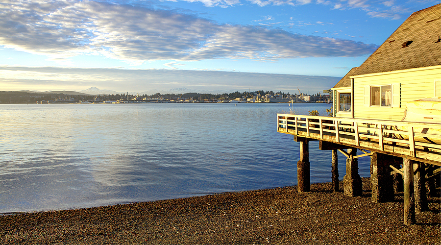 Port Orchard WA Bay Street waterfront view of Puget Sound.